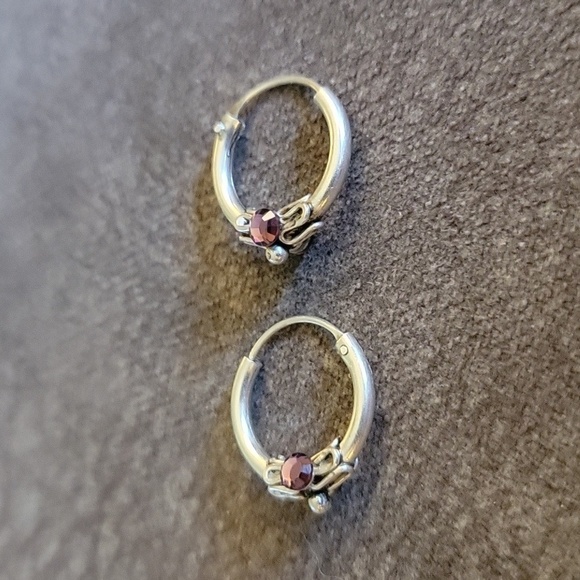 Dainty Sterling Silver Purple Crystal Huggie Hoop Earrings - Picture 2 of 4